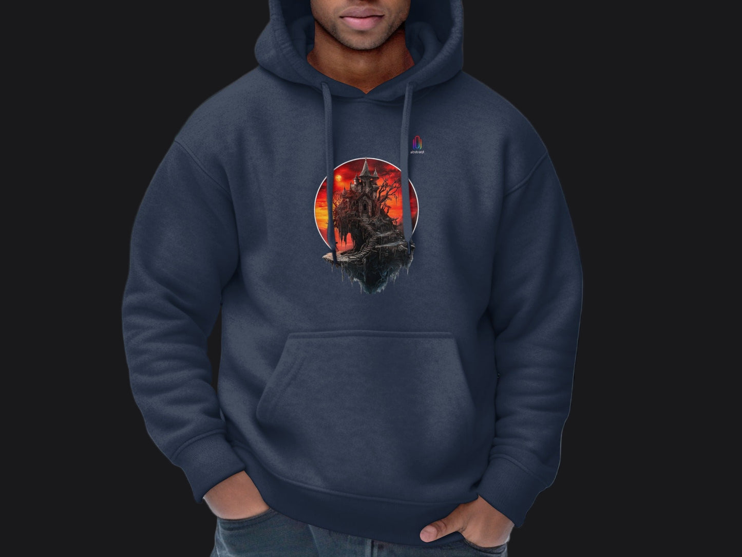 Dark Blue Hoodie with Artistic Castle Design product type