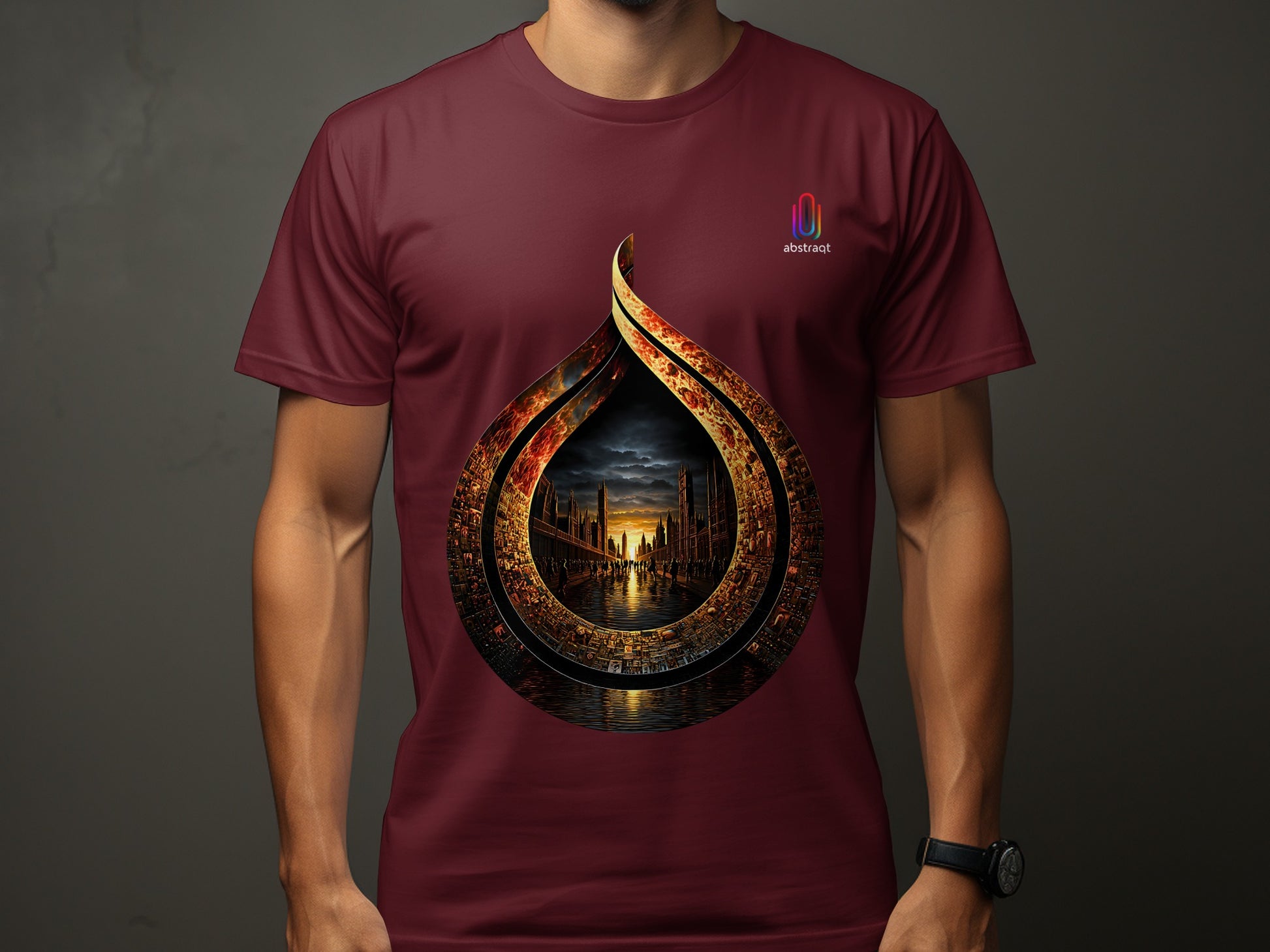 Scenic Skyline Artwork Printed Maroon T-shirt product