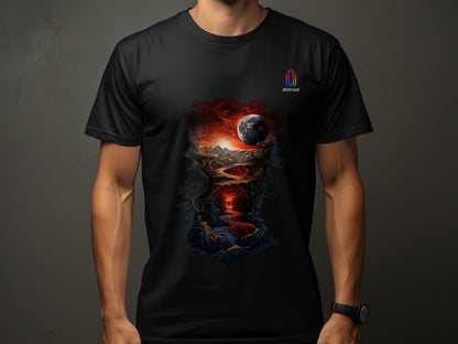 Stunning Cosmic Surrealism Artwork on Black T-shirt Product