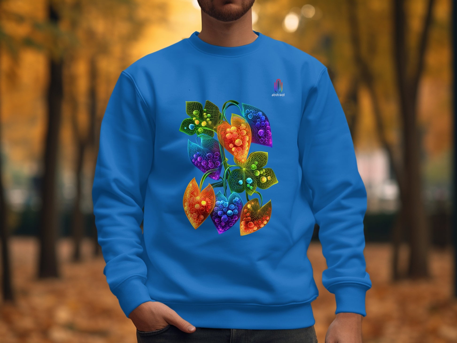 Vibrant Blue Sweatshirt with Colorful Leaf Design product type