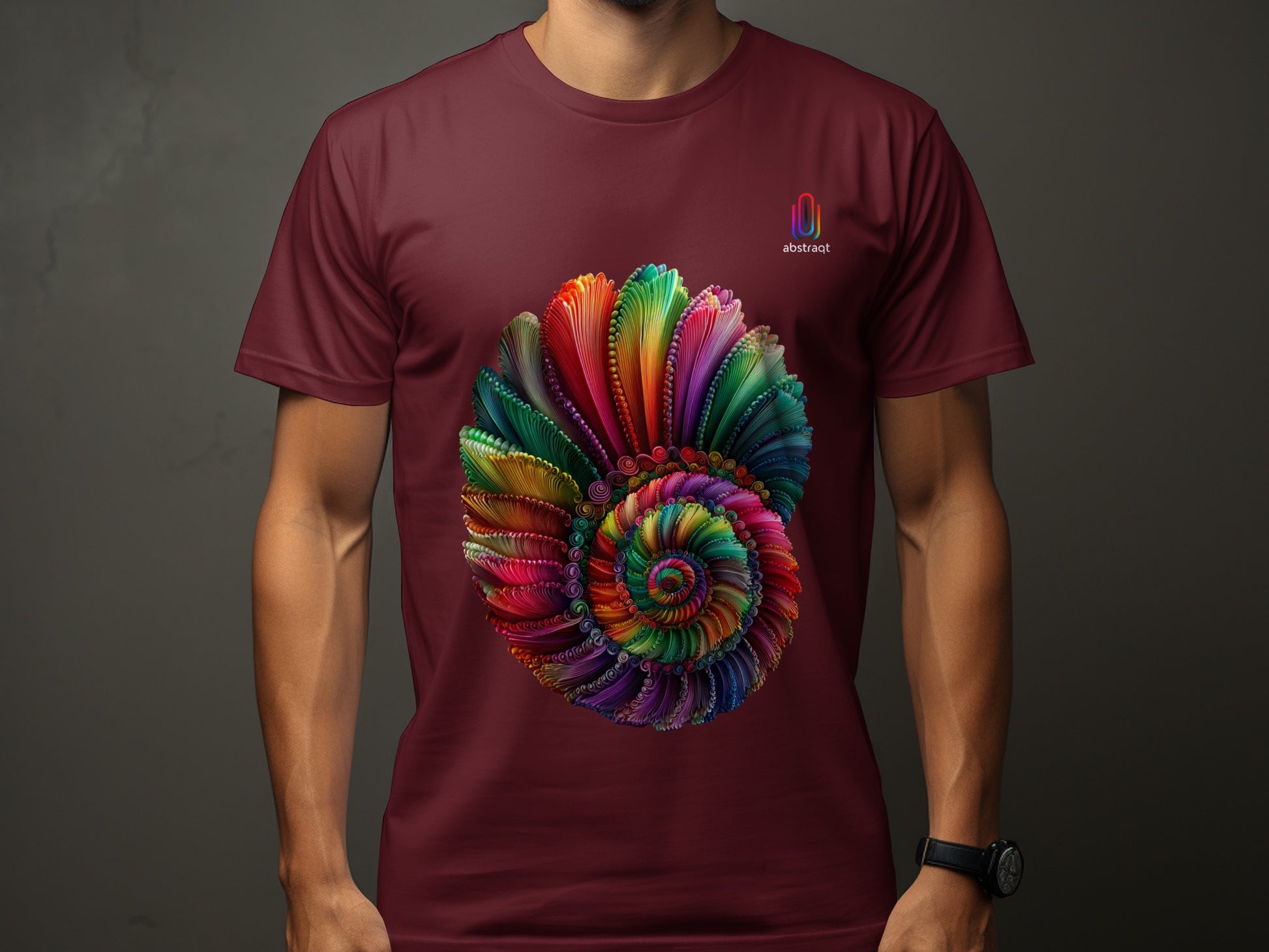 Colorful Spiral Artwork on Maroon T Shirt product